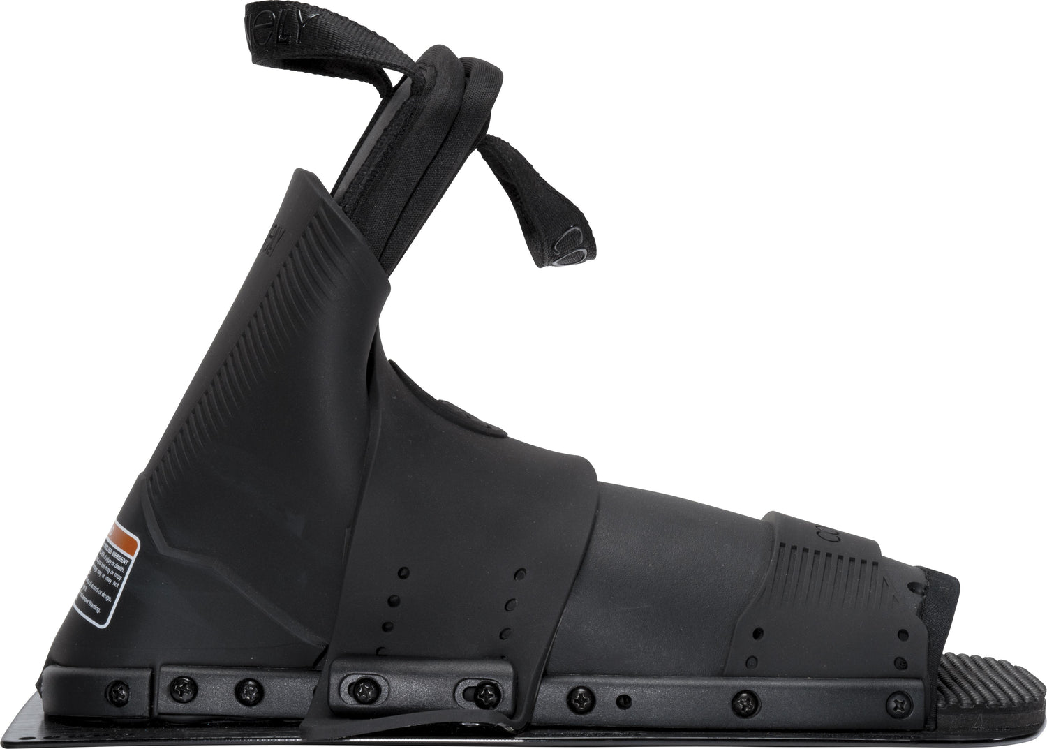 Side view of the front Stoker binding in black, featuring an open-toe design with adjustable straps and a sturdy baseplate.