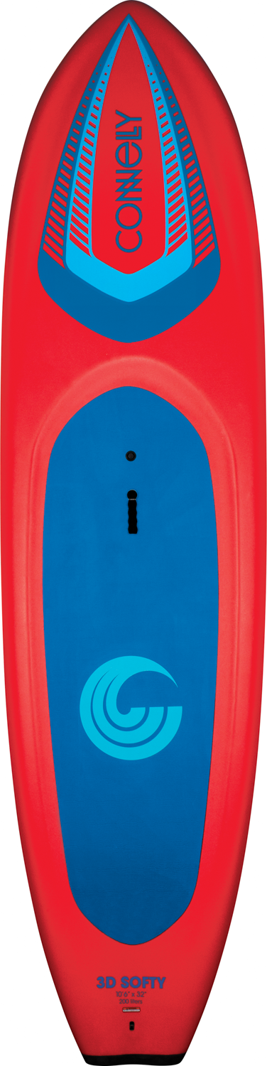 Top view of SOFTY SUP with red and blue deck, Connelly logo, and molded traction pad.