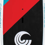 Top view of the Classic LTD stand-up paddleboard with a woodgrain finish, bold red and black accents, and deck bungee cords.