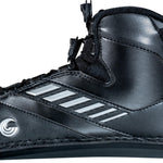 Left-side view of the 2024 Shadow Rear binding, showcasing a black and silver design with a secure lace system and logo.