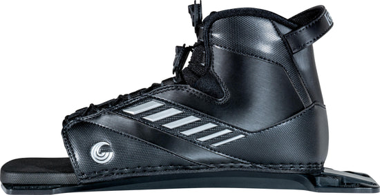 Left-side view of the 2024 Shadow Rear binding, showcasing a black and silver design with a secure lace system and logo.