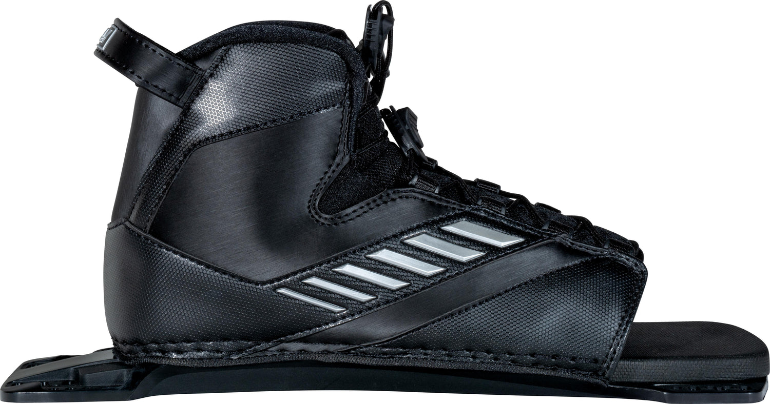 Right-side view of the 2024 Shadow Rear binding, featuring a black synthetic upper with silver accents and an open-toe design.