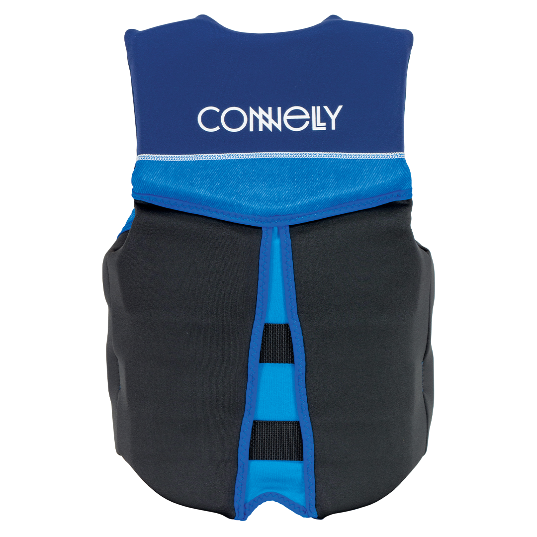 Back view of Junior Classic Neo life vest with a navy and black design, white logo, and flexible back panels for mobility.