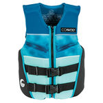 Front of Junior Classic Neo life vest in light blue with a zippered front, two buckle straps, and soft neoprene material.