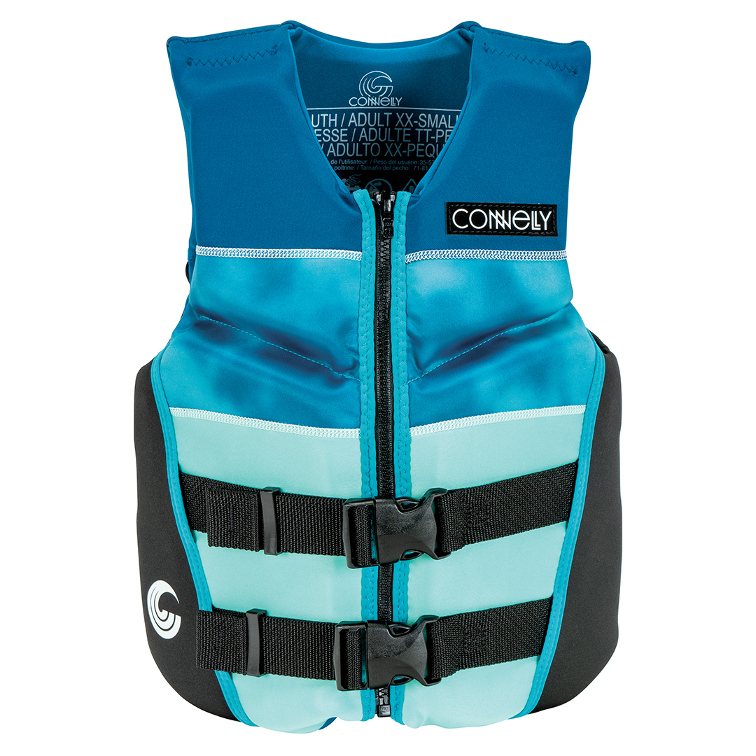 Front of Junior Classic Neo life vest in light blue with a zippered front, two buckle straps, and soft neoprene material.
