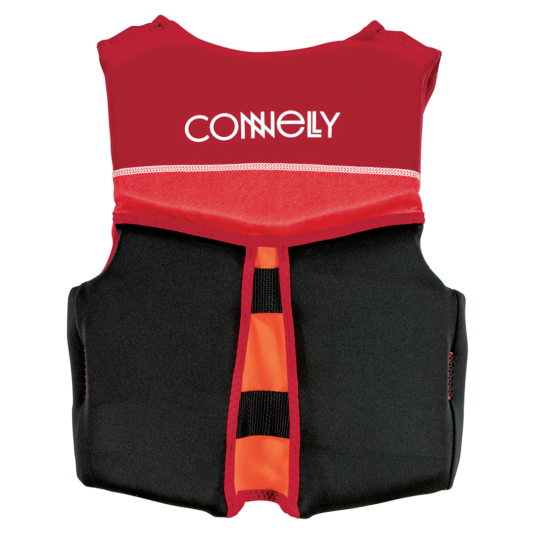 Back view of the Youth Classic Neo vest in red and black with a safety strap at the bottom.