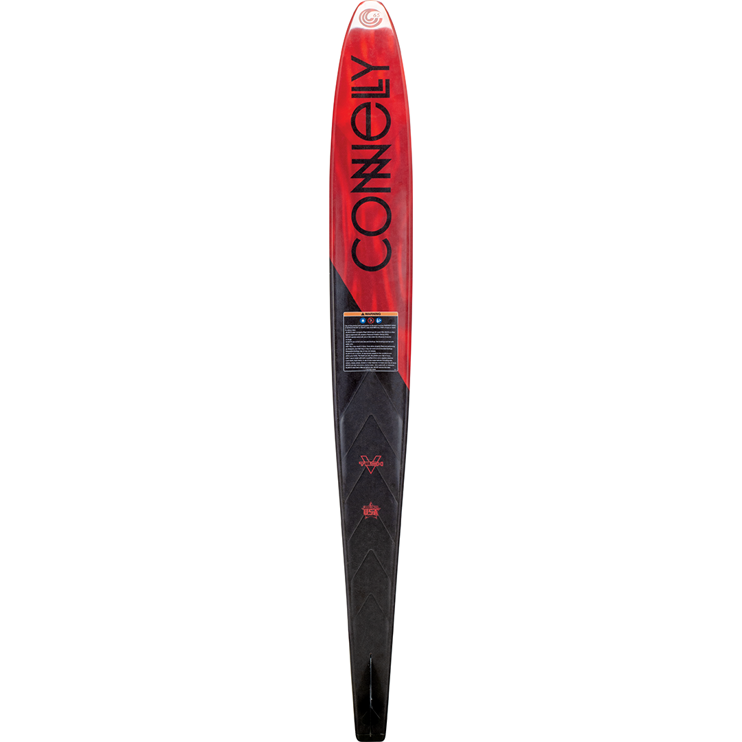 Base of the 2024 Carbon V featuring a fiery red and black design with sharp, angular graphics and the Connelly logo.