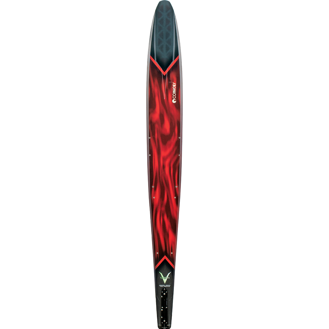 Top view of the 2024 Carbon V highlighting its sleek black carbon fiber finish with a bold red gradient and sharp accents.