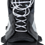Front toe view of the Shadow Front Boot, showcasing black synthetic materials, white laces, and reinforced toe support.