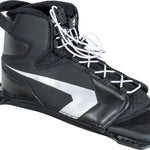 Angled view of the Shadow Rear binding in black with a silver geometric design, white laces, and an open-toe construction.