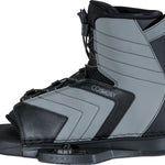 Left outside view of the Optima wakeboard binding showing its ankle support, reinforced stitching, and quick-lace system.