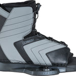 Right outside view of the Optima wakeboard binding with black and gray paneling, ankle strap, and textured footbed for grip.