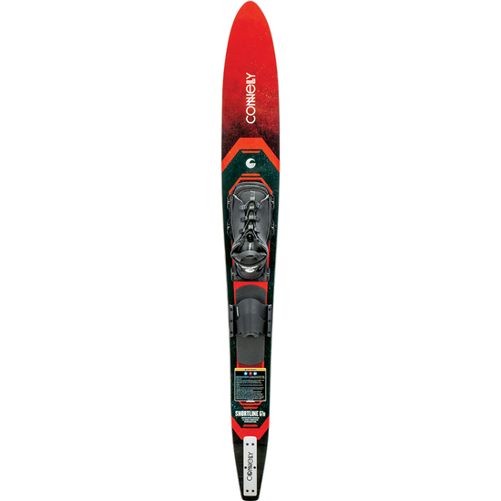 Top of the Shortline ski with a red and black gradient design, featuring a single boot binding and adjustable rear toe plate.
