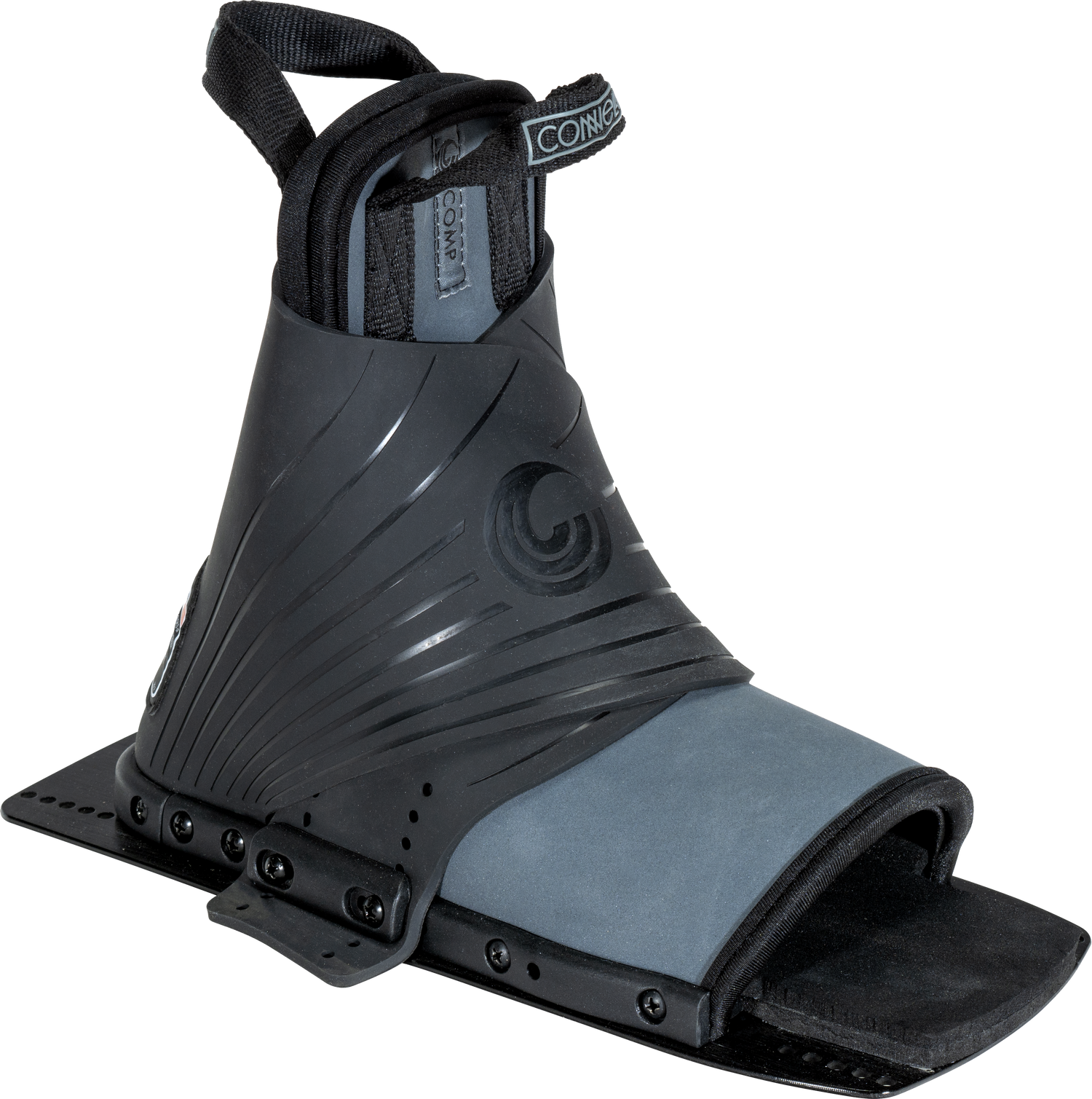 Right angle view of Comp Rear black and gray open-toe water ski binding with a tall overlay and adjustable straps.