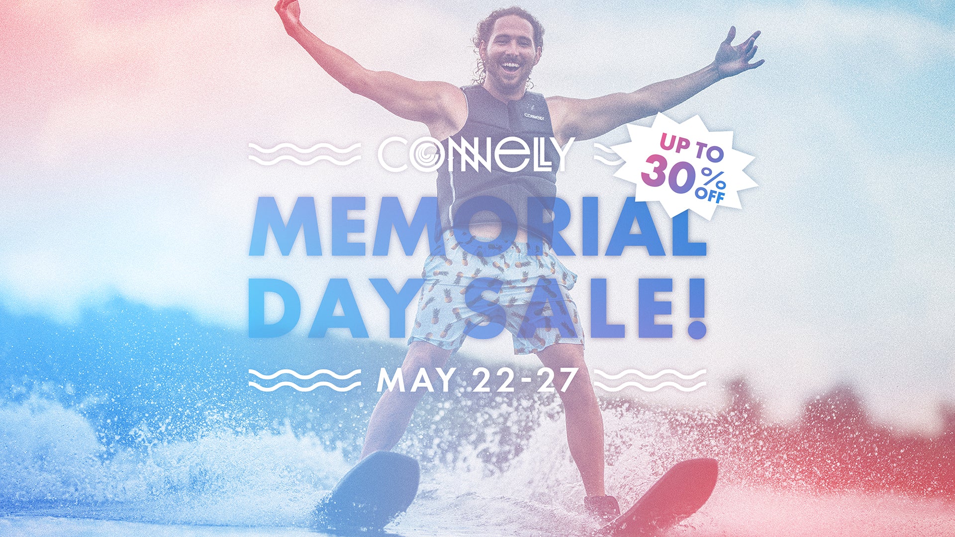 Man waterskiing with arms raised, Memorial Day Sale text and up to 30% off badge displayed.