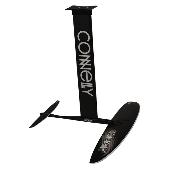 Angled view of black foil assembly with large front and rear wings and Connelly branding on mast.