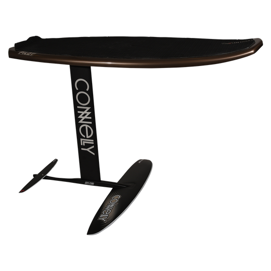 Side view of brown Pilot board with foil mounted, showing black Connelly-branded mast and wings.