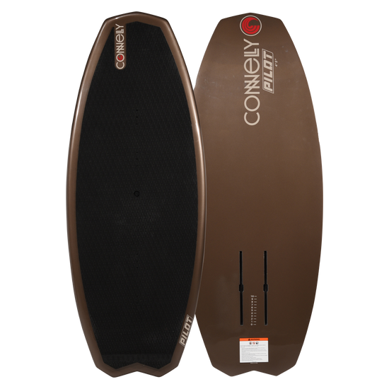 Top and bottom view of brown Pilot Foil Board with black traction pad and dual foil mount tracks.