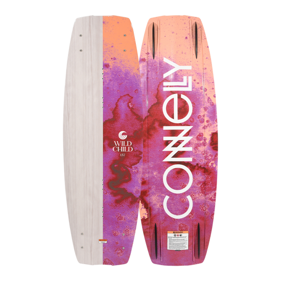 Front and back views of the Wild Child wakeboard with woodgrain and marbled color design.