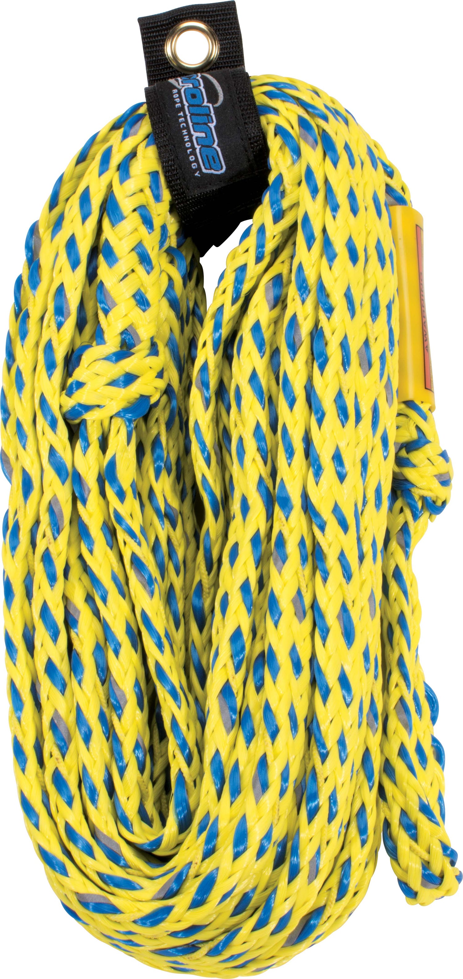 Coiled 4-rider safety tube rope in volt yellow and blue, secured with black Proline-branded strap.