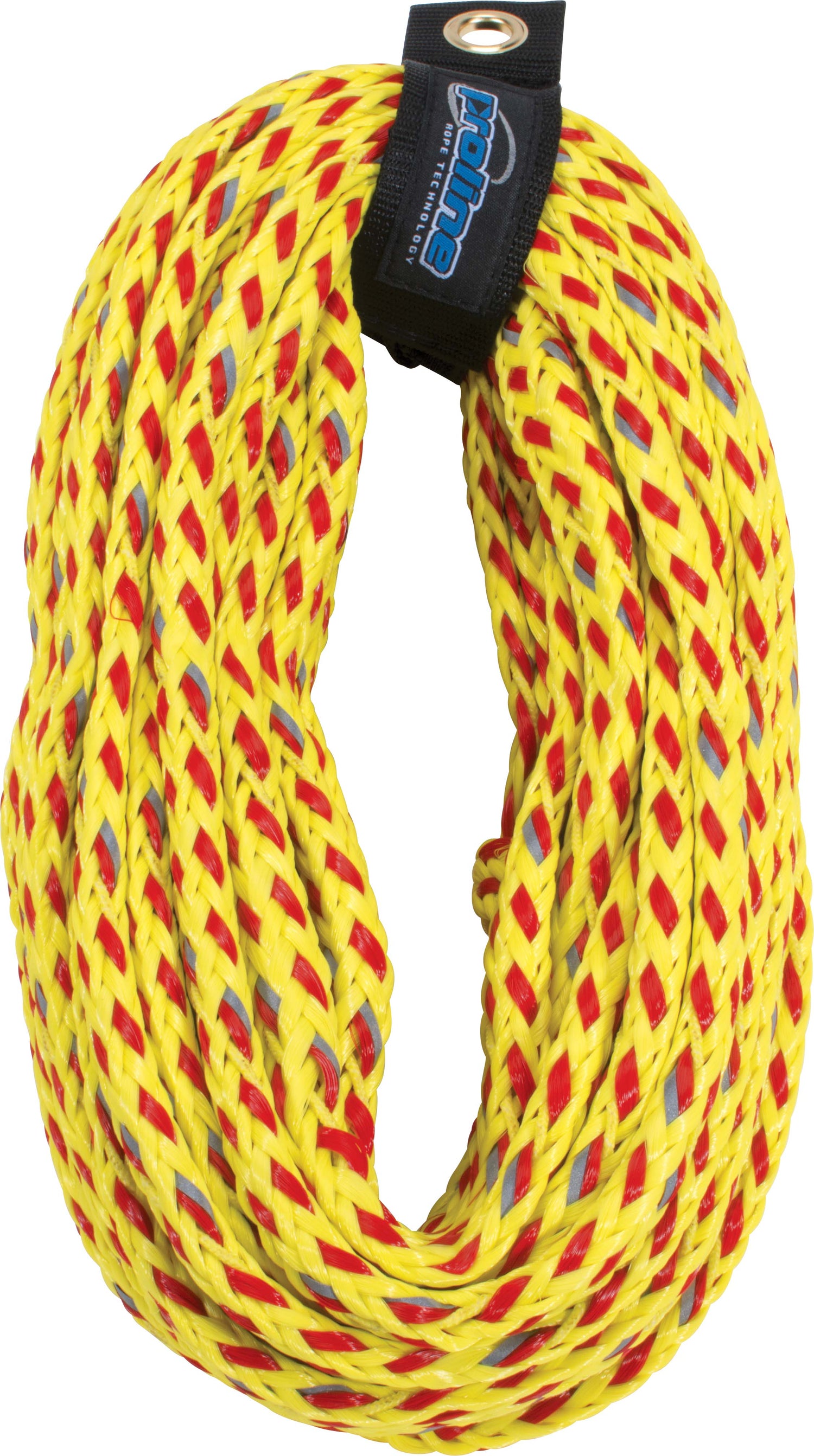 Coiled 4-rider safety tube rope in volt yellow and red, secured with black Proline-branded strap.