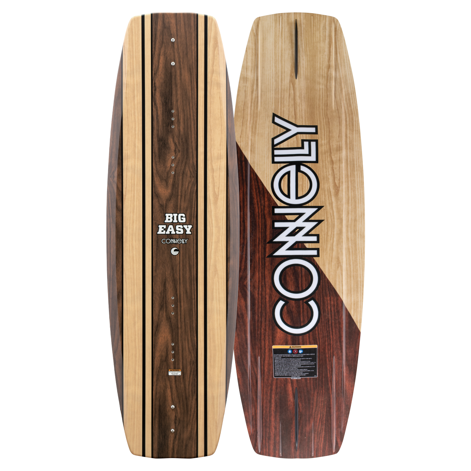 Top and base view of the Big Easy wakeboard with woodgrain design, Connelly logo, and a smooth-bottom shape.