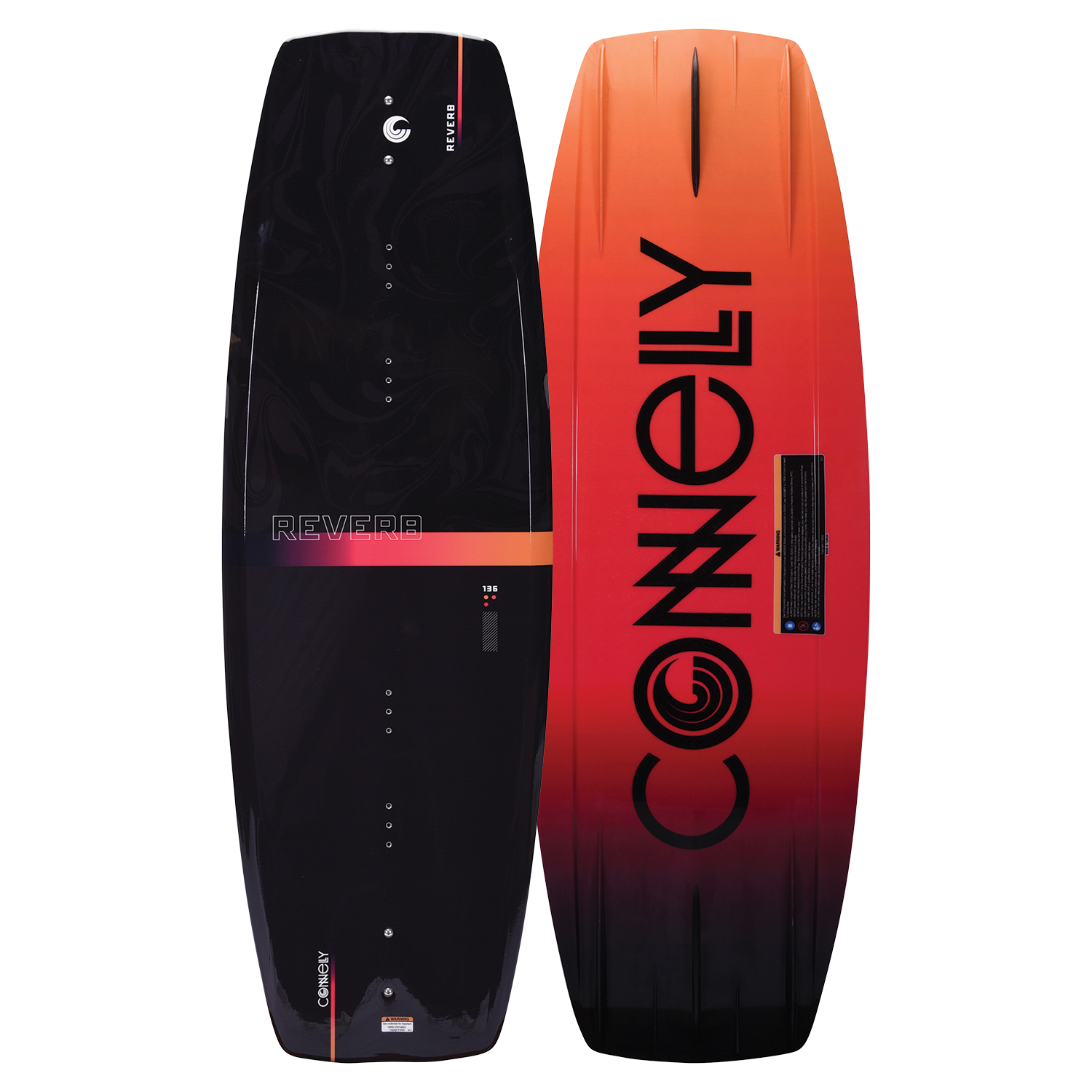Top and base of the Reverb wakeboard, featuring a black top with orange gradient accents and a bold logo on the base.