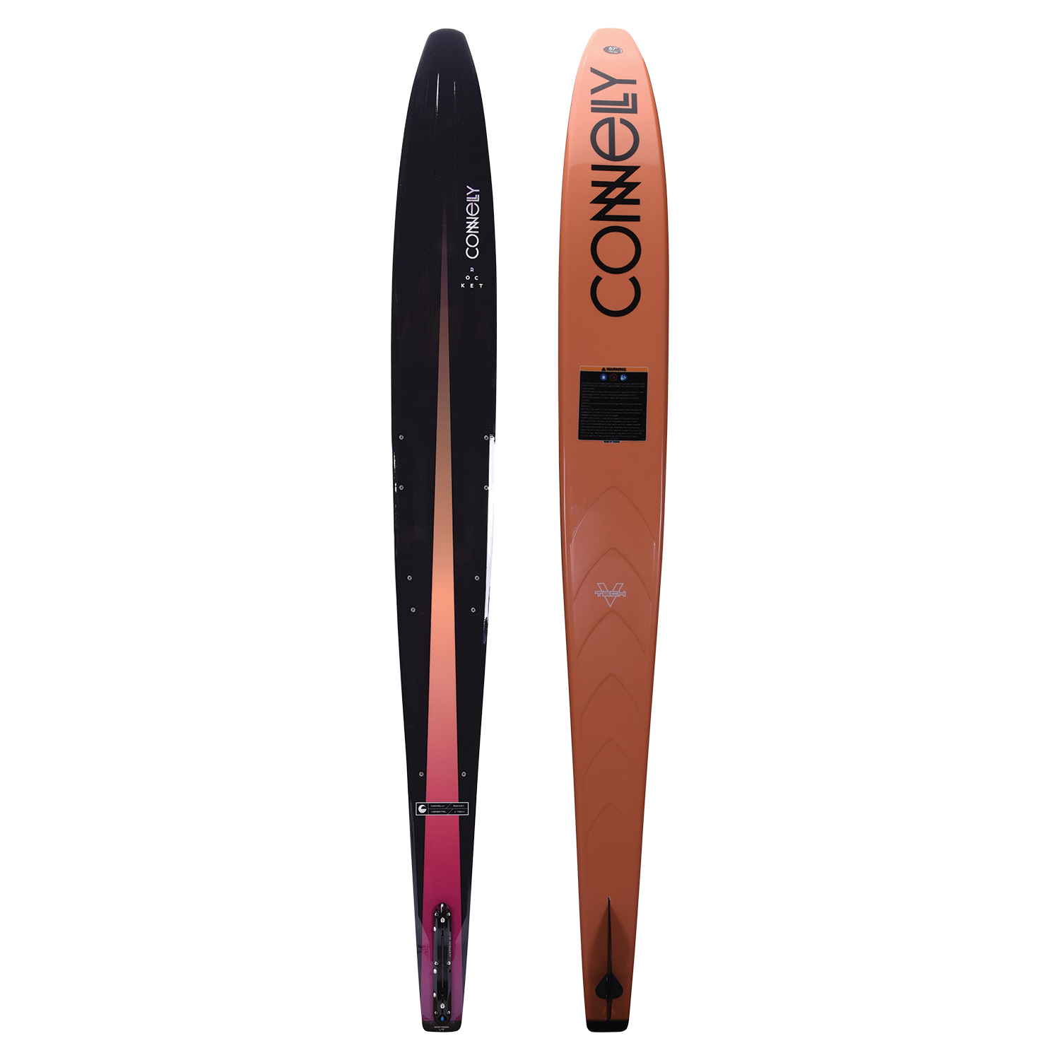 Top and base of Rocket water ski, featuring a sharp black-to-orange gradient finish with a logo and a tapered profile.