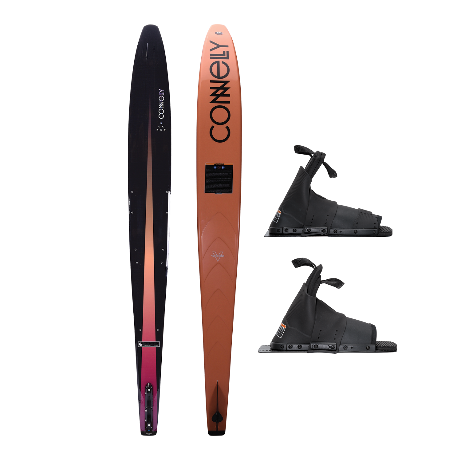Rocket water ski with Double Stoker Boots, featuring a sleek black-to-orange gradient design and durable black bindings.