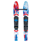 Top view of the Super Sport combo water skis with a red, white, and blue design, adjustable bindings, and a stabilizer bar.