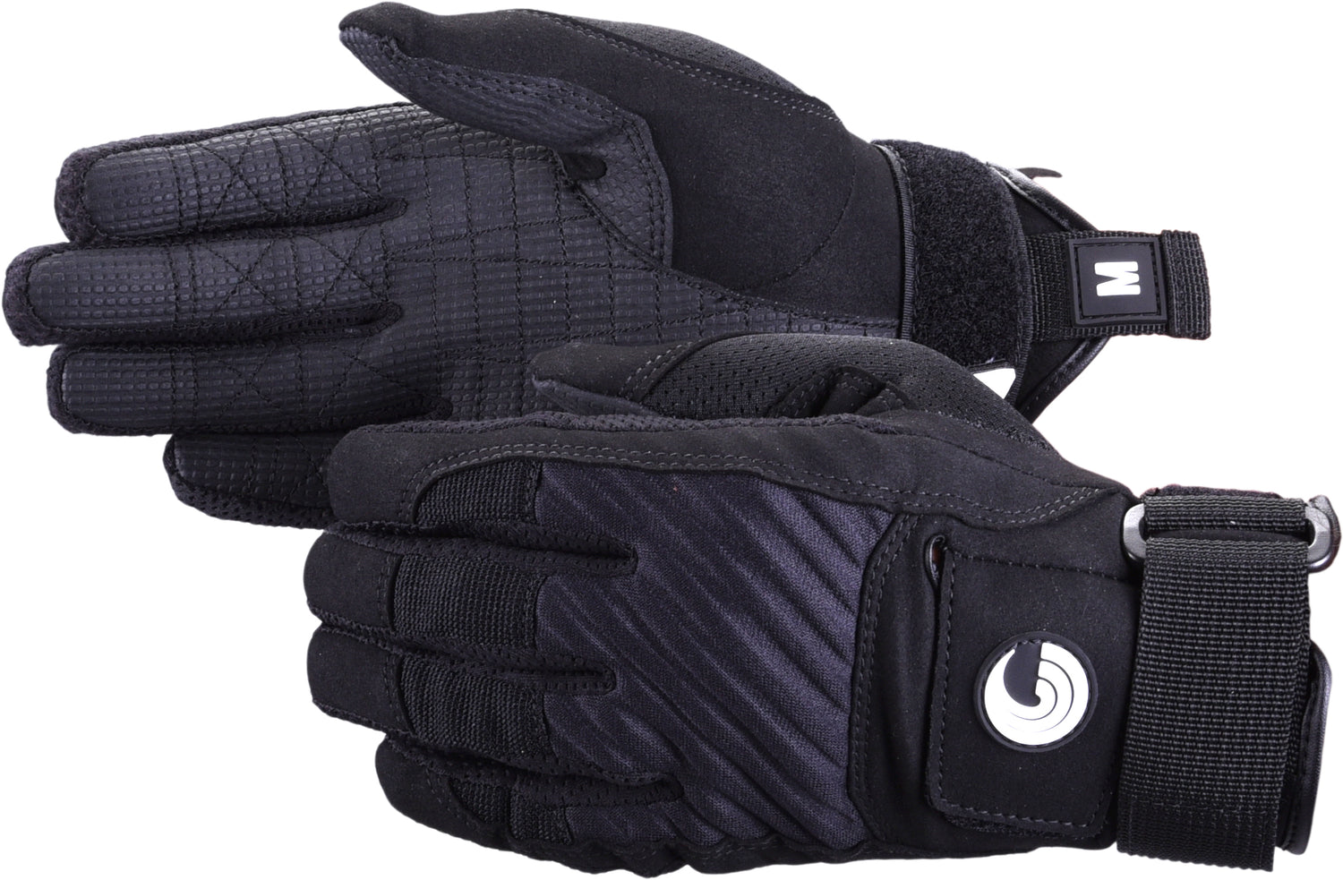 Pair of Men's Tournament Gloves in black, with a ribbed top, reinforced fingers, wrist strap, and logo patch.