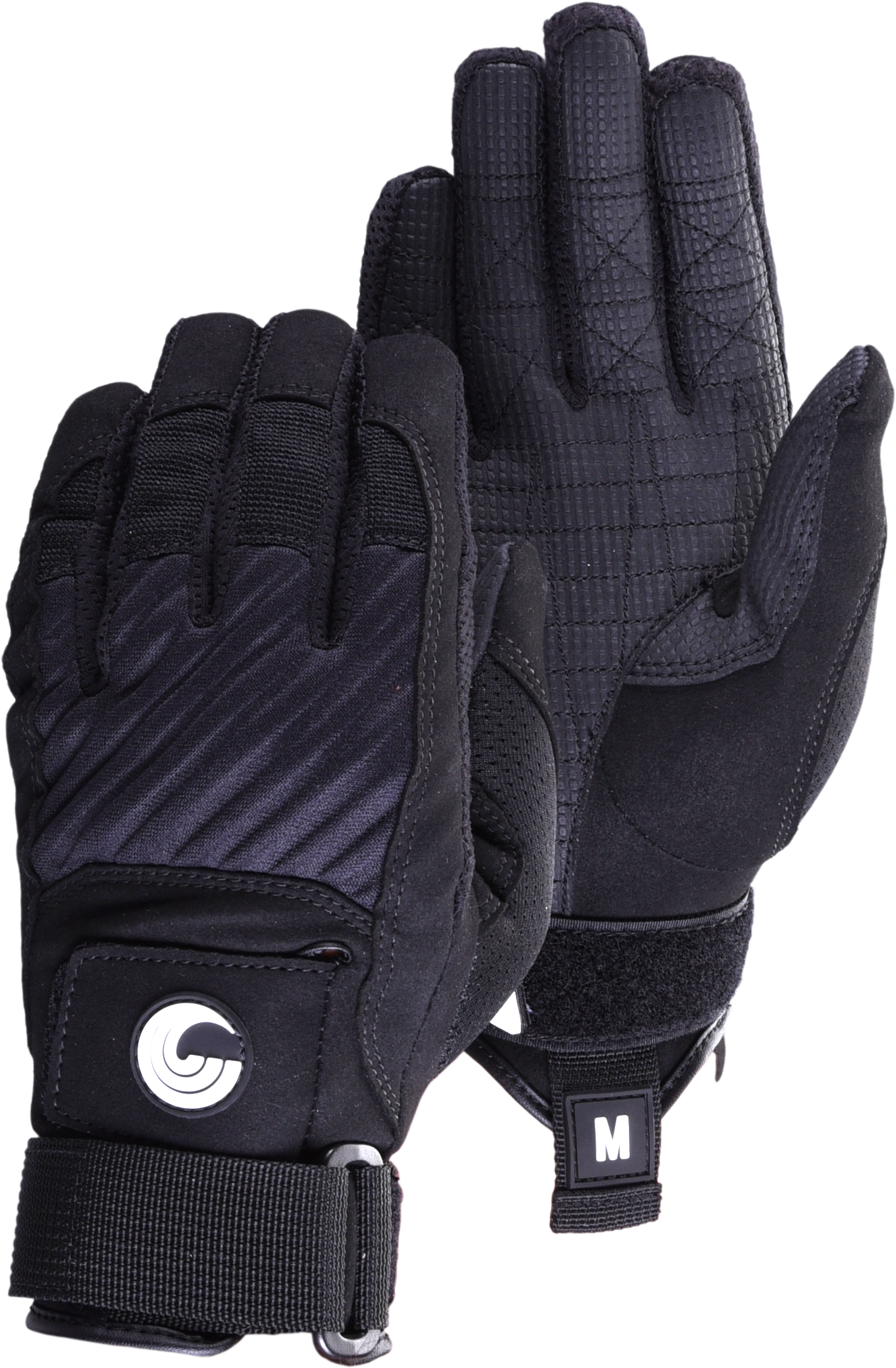 Set of Men's Tournament Gloves in black, highlighting grip texture, reinforced fingers, and wrist straps.