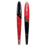Front and back views of the Connelly Aspect water ski, showcasing its red and black color scheme.