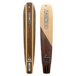 Connelly Big Easy ski, top and base view, featuring a woodgrain finish with black and yellow stripe accents.