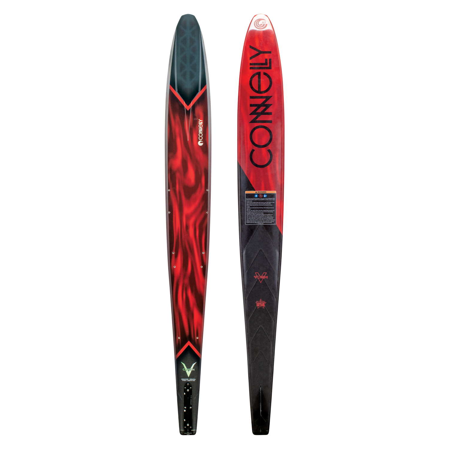 Side-by-side view of the 2024 Carbon V, showing both top and base with deep crimson, black carbon, and angular graphics.