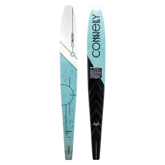 Front and base view of the Women's Aspect ski, showcasing its teal and white top design and contrasting black and teal base.