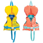 Two infant Tunnel Nylon life vests side by side; one in yellow and blue, the other orange with floral details.