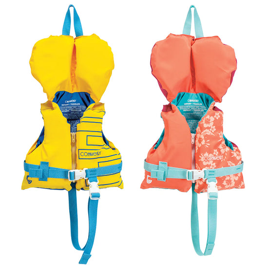 Two infant Tunnel Nylon life vests side by side; one in yellow and blue, the other orange with floral details.