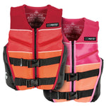 Front view of two Youth Classic Neo vests in red and pink with orange accents and black side panels.