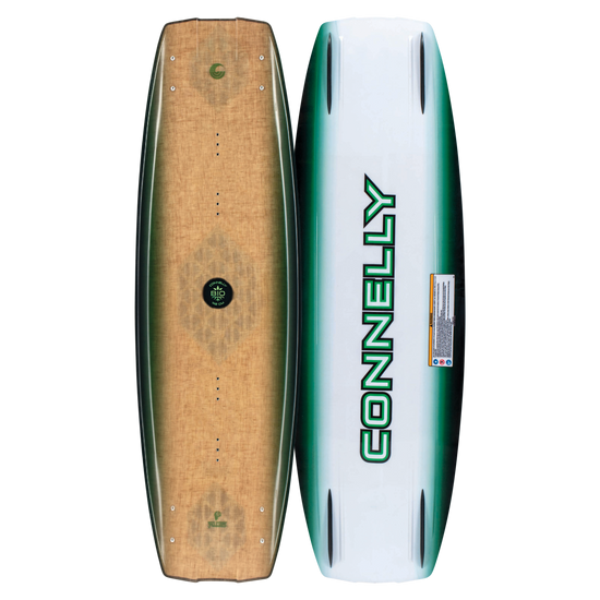 Bio wakeboard top and base views showcasing a natural wood grain finish with a green gradient and eco-friendly logo.