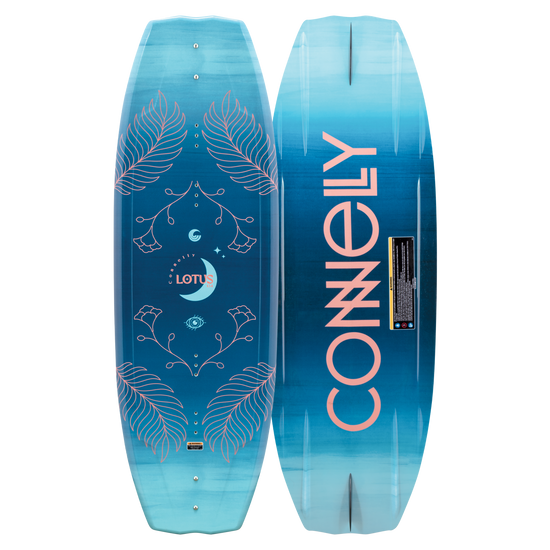 Front and back of the 2024 Connelly Lotus wakeboard featuring an ombre blue design and large Connelly logo.