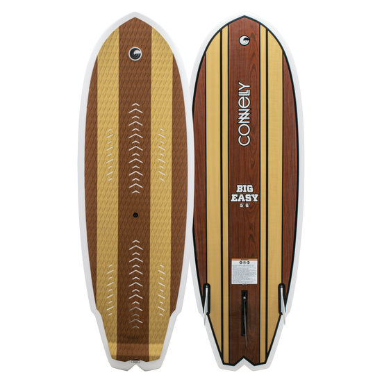 Top and base view of Big Easy wakesurfer with woodgrain, vertical stripes, traction pad, tri-fin setup, and a concave tail.