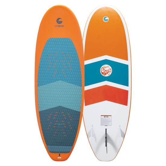 Front and back view of the Cloud 9 wakesurfer with an orange, white, and blue chevron design and a tri-fin system.