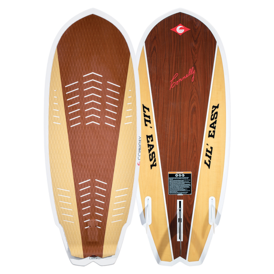 Two 2024 Lil Easy skimboards, surf design & white edges, shown front & back.