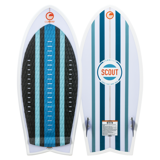 Top and base view of the Scout wakesurf board, featuring blue and white stripes with a diamond-patterned traction pad.
