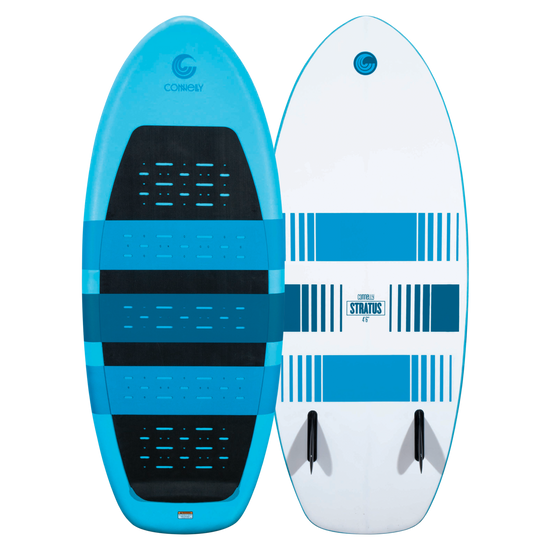 Front and back view of the Stratus wakesurf board, featuring a blue EVA foam top and a white base with blue graphic accents.