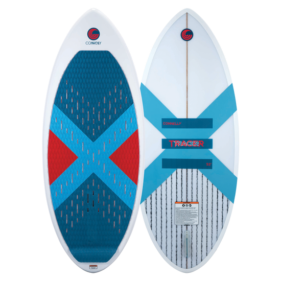 Top and base of the Tracer Skim; the top has a blue and red traction pad, while the base features a blue X-shaped graphic.