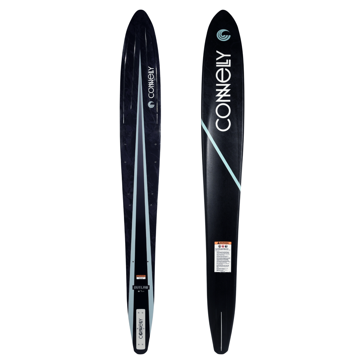Top and base view of Outlaw water ski in black with light blue stripe design.