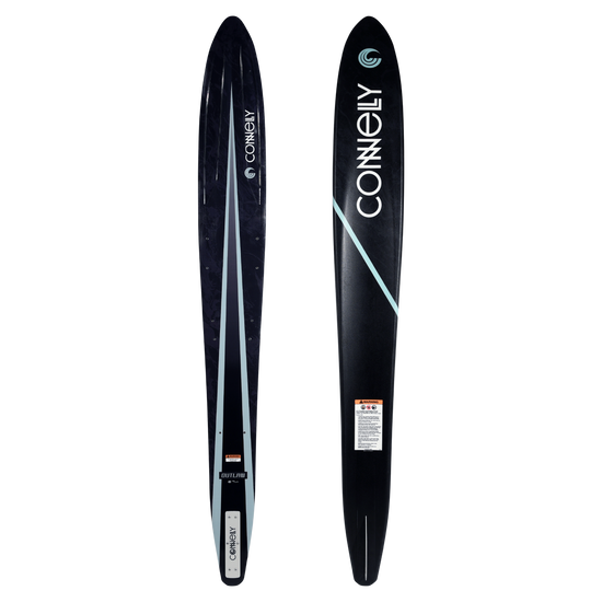 Top and base view of Outlaw water ski in black with light blue stripe design.