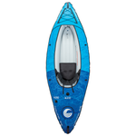 Top-down view of the Nautic 9.5 inflatable kayak in blue with a single black seat and white interior.